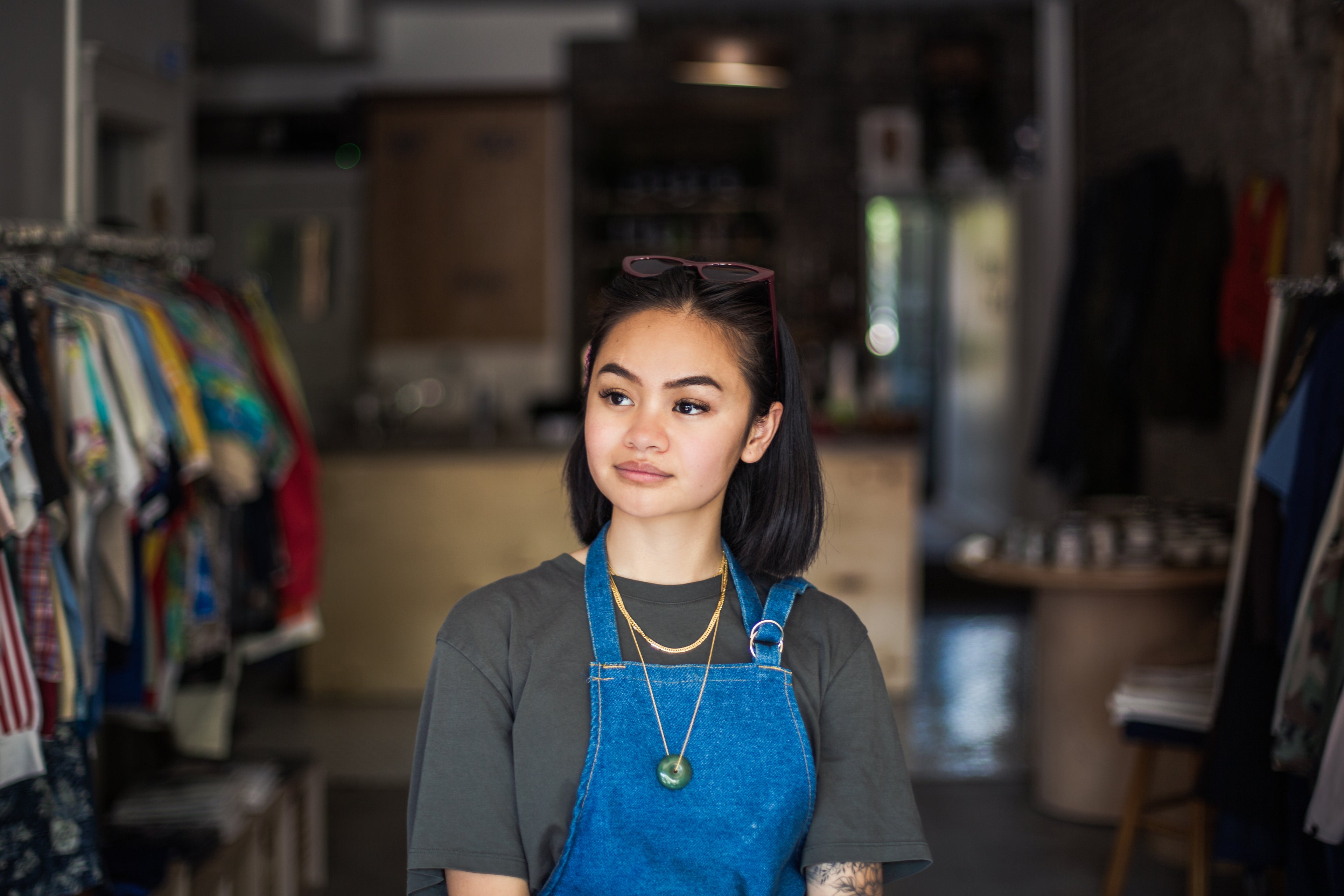 Woman stands in retail store